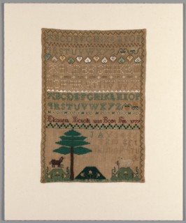 Sampler, United States, c. 1785. The maker was aged about 6 years old.