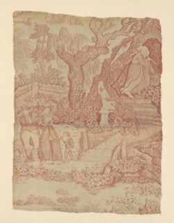 Changing Seasons (Furnishing Fabric), England, 1789/90. Saint or hermit by a waterfall, a family walking in the countryside.