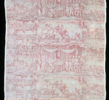 The Gallant Decatur and His Brave Tars Capturing the Algerine Admiral (Furnishing Fabric), England, c. 1820. Scenes from the Second Barbary War: American naval officer Stephen Decatur captured the fla...