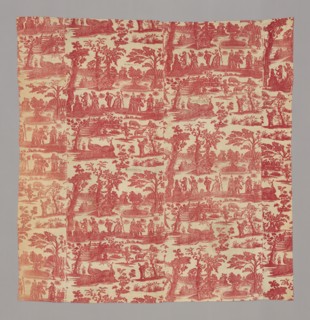 Commedia del'Arte (Furnishing Fabric), England, before 1784. Characters and musicians including Pulcinella; peacocks, sheep and beehives; musicians; a garden with a fountain.