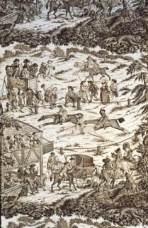 The Turf Inn (Furnishing Fabric), England, c. 1785. Horseracing: spectators; jockeys and horses; carriages arriving at the tavern.