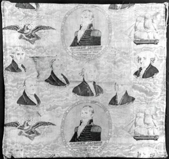 Fragment (Furnishing Fabric), England or United States, c. 1837. Portraits of US presidents with eagle and sailing ship motifs.