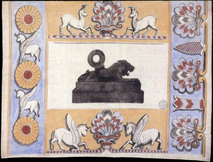 Panel (Furnishing Fabric), London, 1852. Floral print with deer, winged horses and lion.