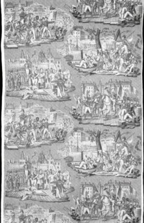 Panel (Furnishing Fabric), Rouen, c. 1830. Vignettes of heroic scenes and battles of France. Engraved by Alexandre Buquet, made by Henry Manufactory.
