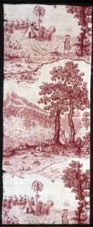 Tenian (Furnishing Fabric), Middlesex, c. 1785. Scenes in Tinian, Northern Mariana Islands, Micronesia. Engraved by Herman van Swanelvelt after George Anson, manufactured by Bromley Hall.