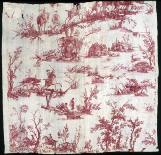 La Chasse au cerf et au sanglier (Furnishing Fabric), France, c. 1780. Deer and wild boar hunting. Engraved by Johann Elias Ridinger after Philip Wouverman, manufactured by Christophe Phillipe Oberkam...