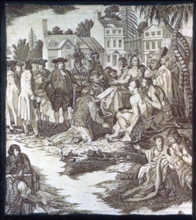 Penn's Treaty with the Indians (Furnishing Fabric), London, c. 1785. Quaker leader Penn in a meeting with Native Americans. After an engraving by John Hall after a painting by Benjamin West.