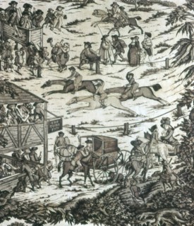 Horseracing at the Turf Inn (Furnishing Fabric), England, c. 1780. Horseracing: spectators; jockeys and horses; carriages arriving at the tavern. Engraved by John Williams Edy after John Nost Sartoriu...
