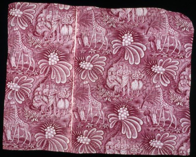 Panel (Furnishing Fabric), France, c. 1800. Exotic pattern with tropical plants, giraffes and people.
