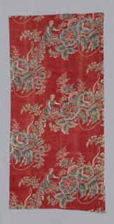 Eros Gathering Flowers (Furnishing Fabric), Bolbec, c. 1800. Floral print with motifs of bow and quiver, and the god of love picking flowers.