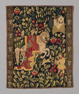 Tapestry, Hungary, 1904/1914. Hunting scene, figure on horseback with a falcon. Probably made at the Gödöllo School of Weaving.