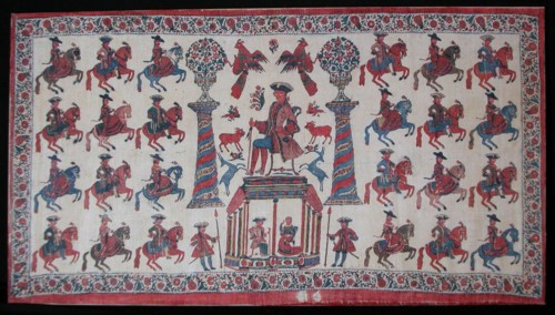 Panel, India, late 18th century. Europeans on horseback.