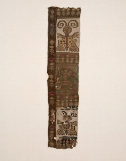 Fragment, Peru, A.D. 1000/1476. Bird-headed anthropomorphic figure holding a ceremonial knife (tumi), performing human sacrifice. The amphibian-butterflies may allude to metamorphosis or hallucinogens...