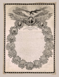 Panel (Furnishing Fabric), Lyon, 1820. 'In Congress, July 4th 1776, The Unanimous Declaration of the Thirteen United States of America', text of the US Declaration of Independence with portraits of pr...