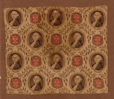 Fragment (Furnishing Fabric), Massachusetts, c. 1876. Printed with portraits of George Washington, and scales motif with the word 'Peace'.