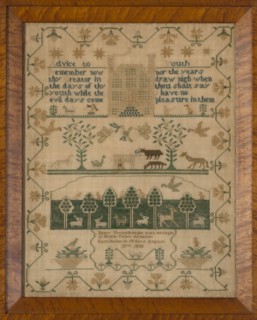 Sampler, New York, 1838. 'Advice to Youth; Remember now thy Creator in the days of thy youth while the evil days come; nor the years draw nigh when thou shalt say I hae no pleasure in them'. [Ecclesia...