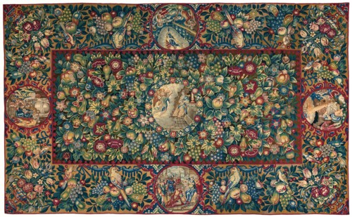 Table Carpet (Depicting Scenes from the Life of Christ), Netherlands, 1600/50. The Circumcision in the Temple, the Angel announcing the birth of Christ to the Shepherds, the Three Wise Men, the Annunc...