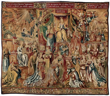 Justitia (Justice) from Los Honores, Flanders, 1525/32. Presumably after a design by Bernard van Orley. Top left corner and center of lower section possibly produced at the workshop of Pieter van Aels...