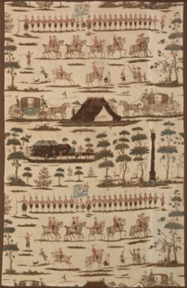 The Irish Volunteers (Furnishing Fabric), Kildare, 1782. Soldiers on parade, flag reading 'Loyal and Determined'. Probably designed by Gabriel Beranger, printed by Thomas Harpur.