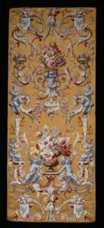 Panel (Furnishing Fabric), Lyon, 1860/80. Cherubs playing panpipes, cornucopiae, vases of flowers. Produced by Mathevon et Bouvard.