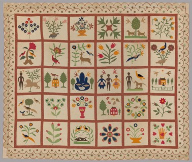 Album Quilt, New York, 1854. Made before the American Civil War (1861-1865), this quilt depicts sensitively portrayed African American figures who seem to be a family, possibly the maker's own. Appliq...