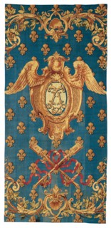 Chancellerie, France, 1718/21. Winged crest and crossed maces on a ground of fleurs de lis. Woven at the Manufacture Royale des Gobelins.