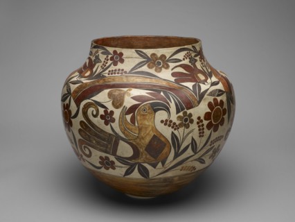 Polychrome Jar with Rainbow, Macaw, and Floral Motifs, 1880s.