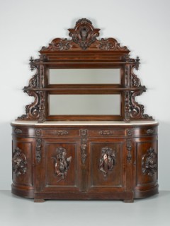 Sideboard, 1850/57. Relief carving of game: birds, rabbits, fish, fruit and vegetables.