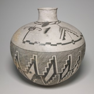 Jar with Horned Serpents and Interlocking, Hatched-and-Black Stepped Designs, 950/1400.