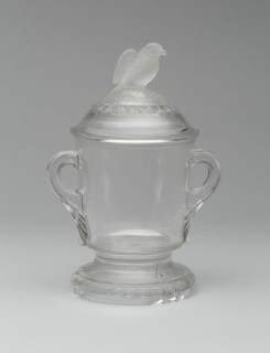 Old Abe/Frosted Eagle pattern covered sugar bowl, 1880/90. Attributed to the Crystal Glass Company.