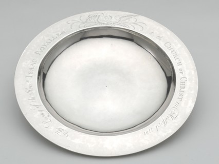 Communion Dish, 1781. 'The Legacy of the Hon.ble Isaac Royale Esq. to the Church of Christ in Medford 1781'. Engraved angel.