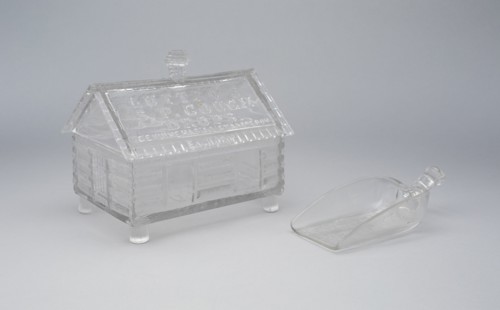 Log Cabin pattern covered candy dish, c. 1875.