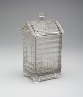 Log Cabin pattern marmalade covered jar, c. 1875.