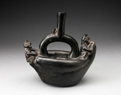 Single Spout Blackware Vessel in the Form of Figures Riding on Reed Boat, A.D. 1000/1400.