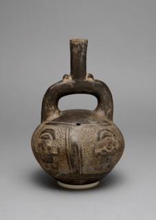 Blackware Stirrup Spout Vessel with a Relief Depicting Warriors with Raised Arms, A.D. 1200/1450.