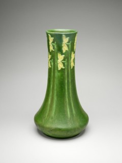 Vase, 1903/9. Japanese-influenced glazed earthenware vessel with daffodil motif. Design attributed to George Prentiss, decoration attributed to Eva Russell,