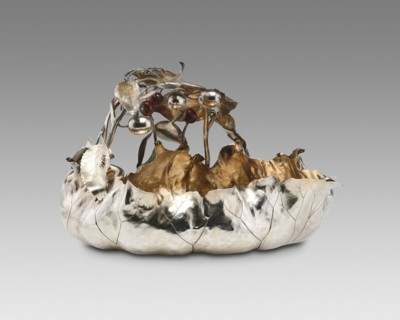 Berry Bowl, 1885/95. Decorative silverware, handle formed of entwined branches and leaves, plums and copper cherries, with a fly, a beetle, and a spider. Design attributed to George W. Shiebler, made ...