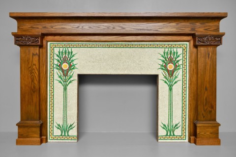 Fireplace Surround, 1901. Art Nouveau thistle design in mosaic tiles. Designed by George Washington Maher.