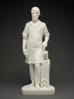 Machinist, c. 1859. White marble statue of machinist with hammer, anvil, and cogs.
