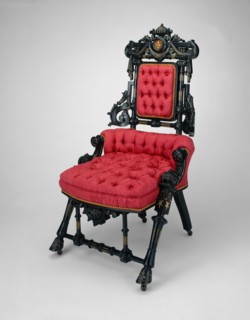 Armchair, patented in 1869. Upholstered chair, ebonized walnut with gilt decoration.