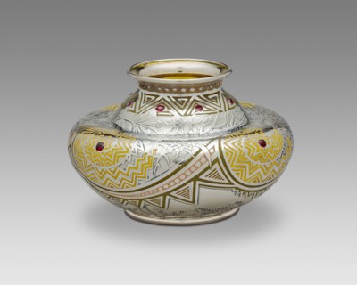 Pueblo Vase, 1893. Influenced by Native American Pueblo culture, silver inlaid with enamel, set with twelve faceted rubies. Designed by George Paulding Farnham.