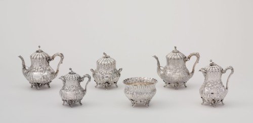 Tea Service, 1850. Repoussé decoration of trees and pastoral scenes.