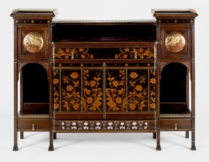 Cabinet, 1878/80. Wood cabinet with lighter wood floral design and brass.
