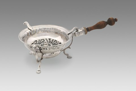 Chafing Dish, c. 1730. Vessel on a stand with container for fuel below, used for cooking at table.