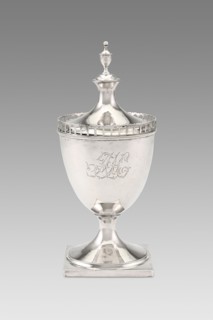 Sugar Basin, 1795/1820. Container for sugar in the form of a lidded trophy cup.