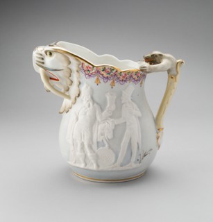 Bar Pitcher, c. 1880. Jug with bear-shaped handle and long-tusked walrus spout. Relief decoration of King Gambrinus, legendary inventor of beer, presenting a keg to Brother Jonathan, a fictional chara...