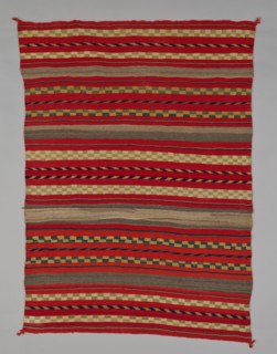Sarape with Compound Banded Design, 1870/95. A work made of wool, plain weave and single interlocking tapestry weave; twined warp ends and selvages; looped and knotted augmented corner tassels.