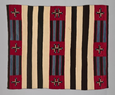 Chief Blanket (Third Phase), c. 1880. A work made of wool, single interlocking and slit tapestry weaves with "lazy lines"; twined warp ends and selvages.