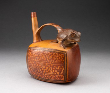 Single Spout Rectangular Vessel with Sculpted Frog and Textile-like Motifs, A.D. 500/800.