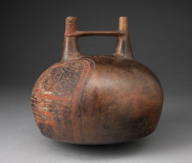 Double Spout Vessel with Incised and Painted Abstract Feline Head, 650/150 B.C.